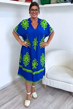 Letní boho šaty modré se zelenými vzory