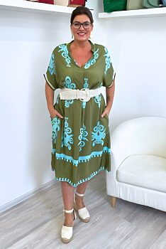Letní boho šaty zelené s tyrkysovými vzory